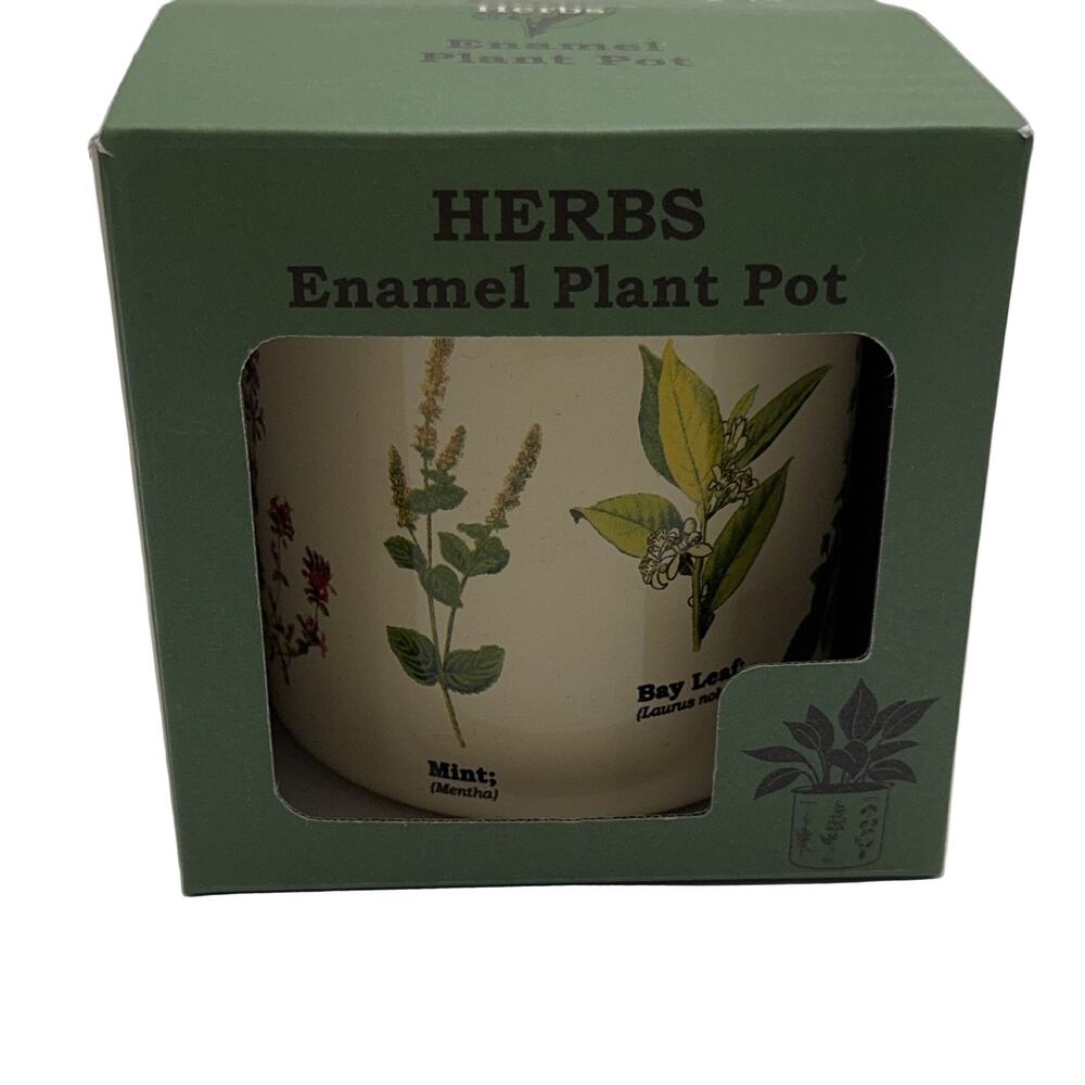 Gift Republic Herbs Enamel Plant Pot GR270130 Cream Green 11x9.5cm cottage